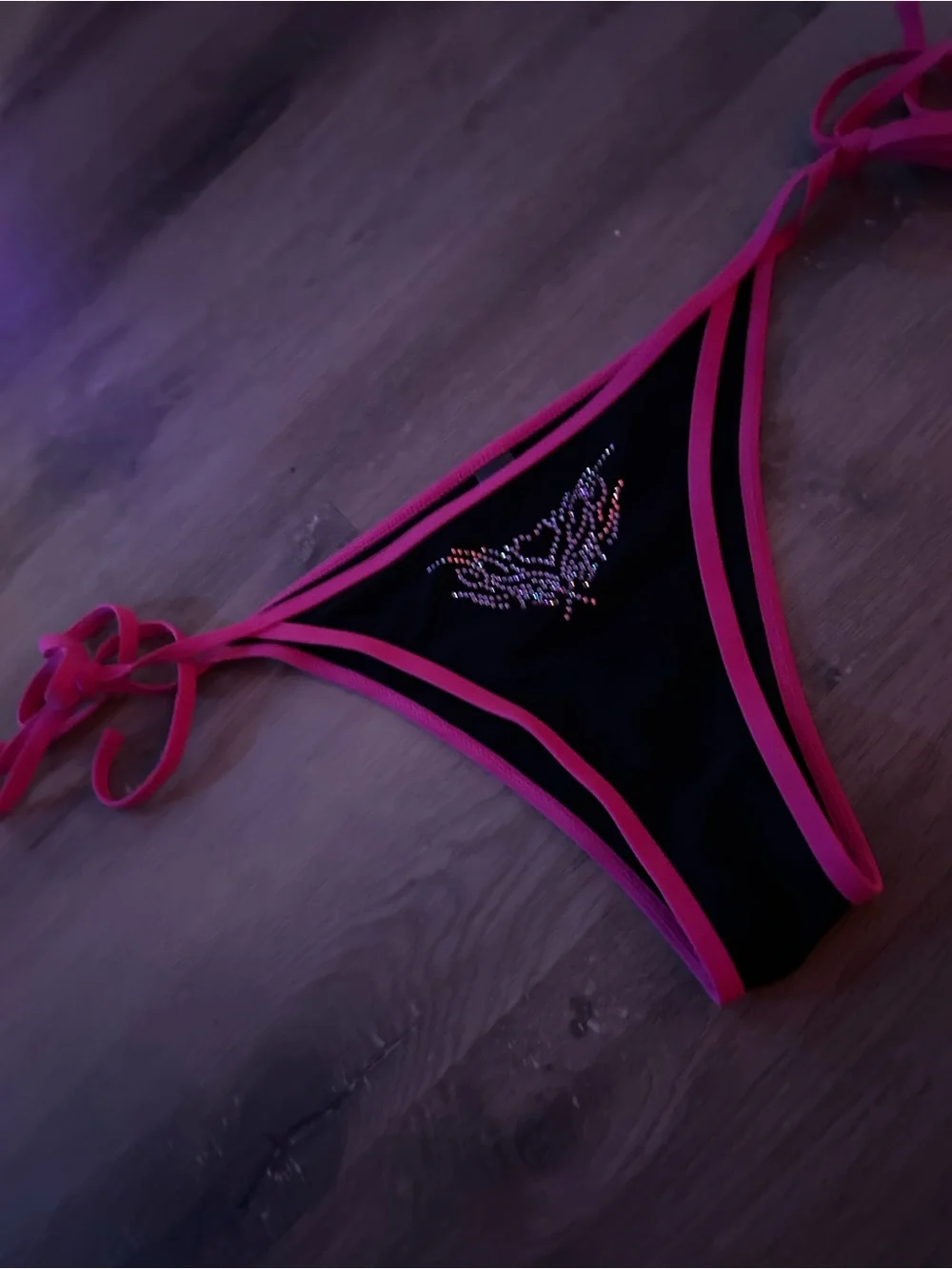 Black & Hot Pink Rhinestone cybersigilism Y2KTriangle Bikini Bottom - Women Swim